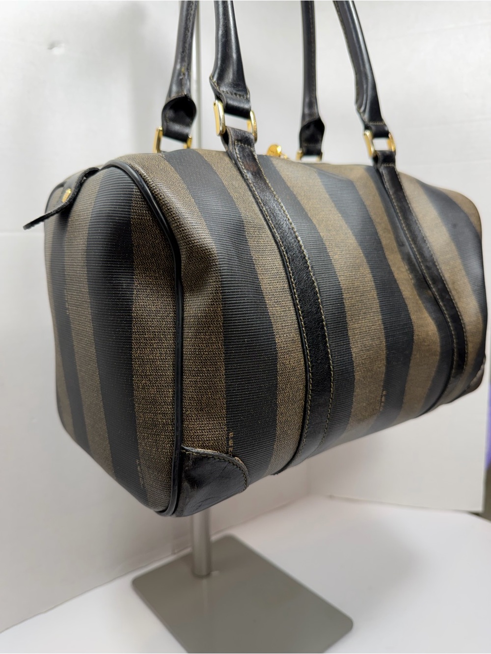 Vintage FENDI Black & Gray Pecan Stripe Speedy/Duffle Style Handbag,Classic 90s - Picture 6 of 13